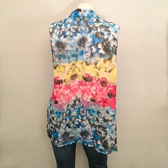 DOTS Semi Sheer Colorful Floral Sleeveless Button-down Tunic Top - Picture 2 of 4